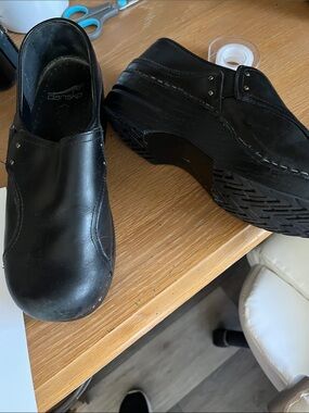 Dansko Black Leather Slip-On Clogs